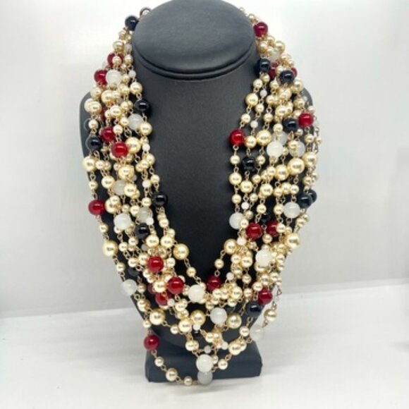 MULTI STRAND PEARL BEAD NECKLACE RED BLACK GOLD LUXE COUTURE STATEMENT 28" - Picture 4 of 12